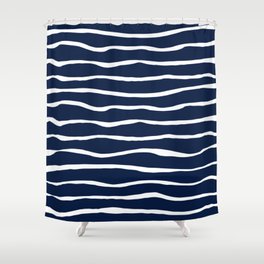 Ocean Ripple Modern Organic Stripe Pattern in White and Nautical Navy Blue Shower Curtain