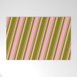 [ Thumbnail: Green and Light Pink Colored Striped Pattern Welcome Mat ]