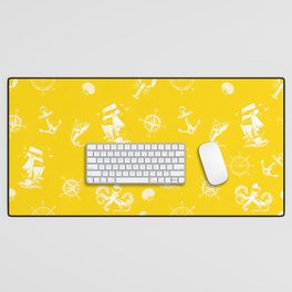 Yellow And White Silhouettes Of Vintage Nautical Pattern Desk Mat