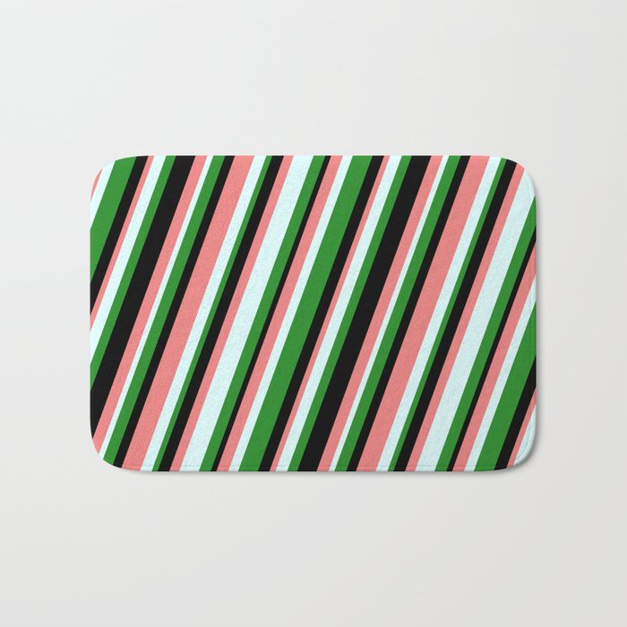 Forest Green, Black, Light Coral & Light Cyan Colored Stripes/Lines Pattern Bath Mat