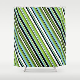 [ Thumbnail: Eye-catching Dark Olive Green, Green, Sky Blue, Black & White Colored Stripes/Lines Pattern Shower Curtain ]