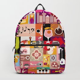 Art collage, musical illustration. Patchwork seamless wallpaper. Backpack