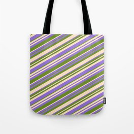 [ Thumbnail: Purple, Green, and Bisque Colored Lined Pattern Tote Bag ]