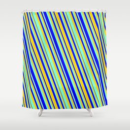 [ Thumbnail: Aquamarine, Blue & Yellow Colored Lines Pattern Shower Curtain ]