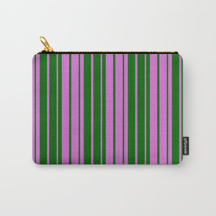 Orchid & Dark Green Colored Striped Pattern Carry-All Pouch