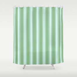[ Thumbnail: Dark Sea Green and Light Cyan Colored Pattern of Stripes Shower Curtain ]