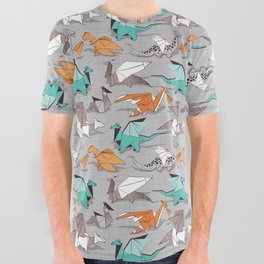 Origami dragon friends // grey linen texture background aqua orange grey and taupe fantastic creatures All Over Graphic Tee