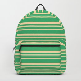 [ Thumbnail: Sea Green and Tan Colored Lined/Striped Pattern Backpack ]