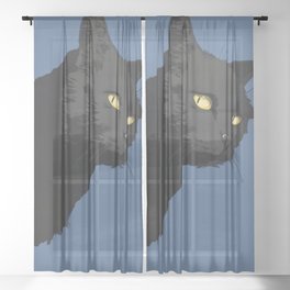Vintage Black Cat With Yellow Eyes On Blue Background Sheer Curtain