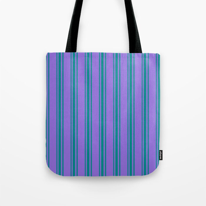 Purple & Dark Cyan Colored Stripes Pattern Tote Bag