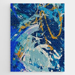 Katie: An expressive abstract piece in blue, orange, and white by Alyssa Hamilton Art - Canvas Texture Visible Jigsaw Puzzle