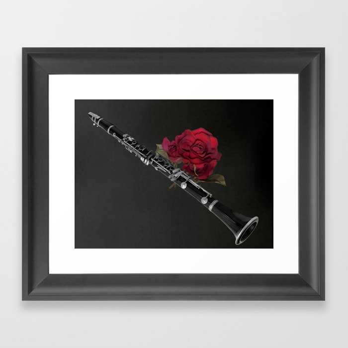 Black White Clarinet Red Rose Musical Instrument Wall Art A506 Framed Art Print