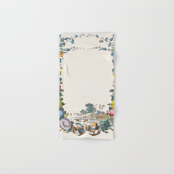 Letter with flower wreath and landscape with farm and animals (1829–1880) Hand & Bath Towel