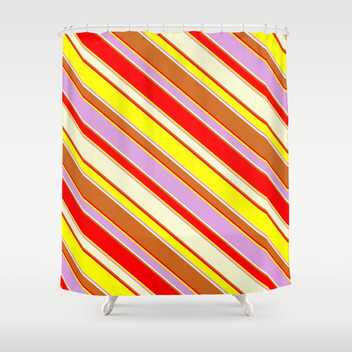 Eyecatching Red, Yellow, Plum, Light Yellow & Chocolate Colored Stripes Pattern Shower Curtain