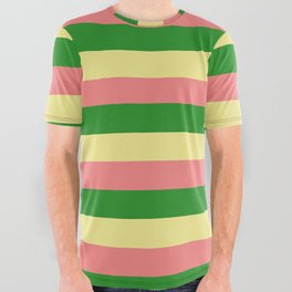 [ Thumbnail: Tan, Light Coral, and Forest Green Colored Lined Pattern All Over Graphic Tee ]