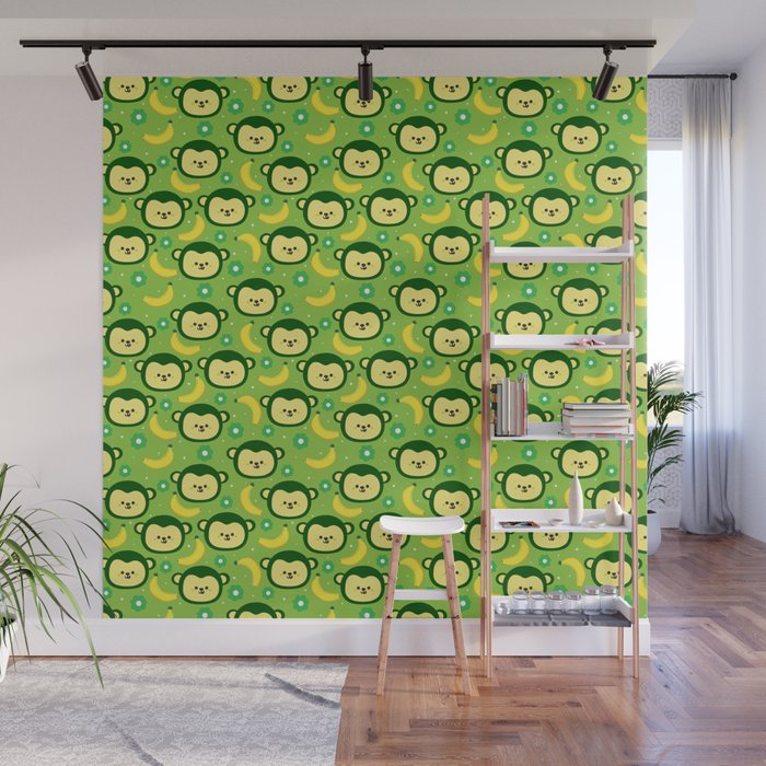 Monkey loves Banana - Green Pattern Wall Mural