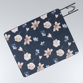 Navy Blue Floral Watercolor Pattern Picnic Blanket