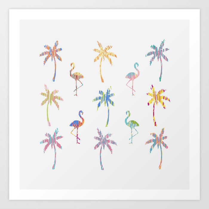 Colorful palms and flamingo pattern  Art Print