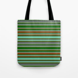 [ Thumbnail: Brown, Dark Green, Dim Grey & Aquamarine Colored Lined/Striped Pattern Tote Bag ]