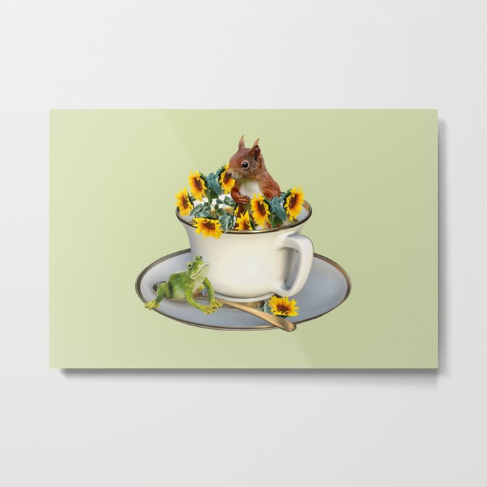 Coffee Cup with squirrel and frog and sunflowers Metal Print