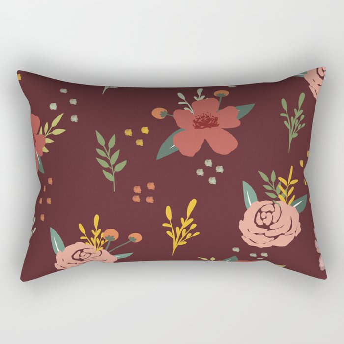 Floral Print On Maroon Background Flower Lover Pattern Rectangular Pillow