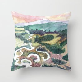Traces Throw Pillow | Green, Watercolor, Layers, Valley, Sunrise, Stream, Fluvial, Flowing, River, Yellow 