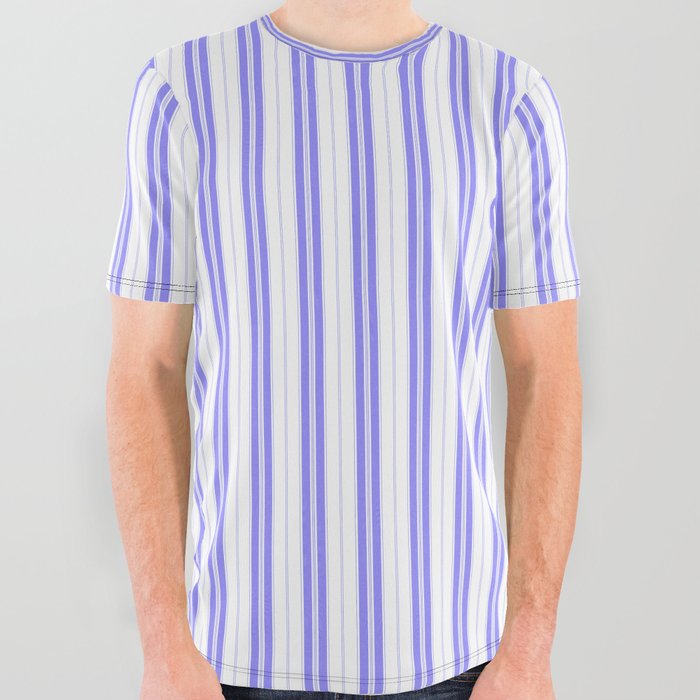 Royal Blue and White Narrow Vertical Vintage Provincial French Chateau Ticking Stripe All Over Graphic Tee