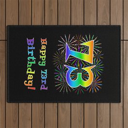 [ Thumbnail: 73rd Birthday - Fun Rainbow Spectrum Gradient Pattern Text, Bursting Fireworks Inspired Background Outdoor Rug ]