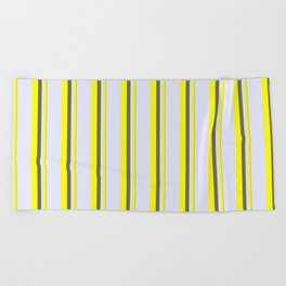 [ Thumbnail: Dim Grey, Yellow & Lavender Colored Striped Pattern Beach Towel ]