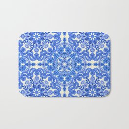 Cobalt Blue & China White Folk Art Pattern Bath Mat