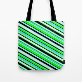 [ Thumbnail: Turquoise, Lavender, Lime & Black Colored Lines Pattern Tote Bag ]