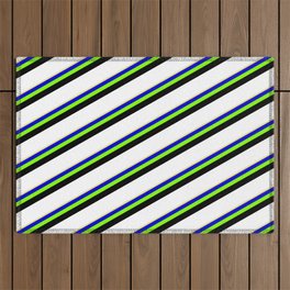 [ Thumbnail: Eyecatching Tan, Blue, Chartreuse, Black & White Colored Lines/Stripes Pattern Outdoor Rug ]