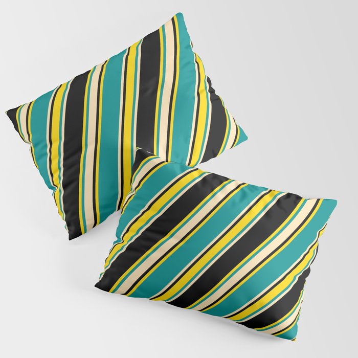Dark Cyan, Beige, Black, and Yellow Colored Lines/Stripes Pattern Pillow Sham