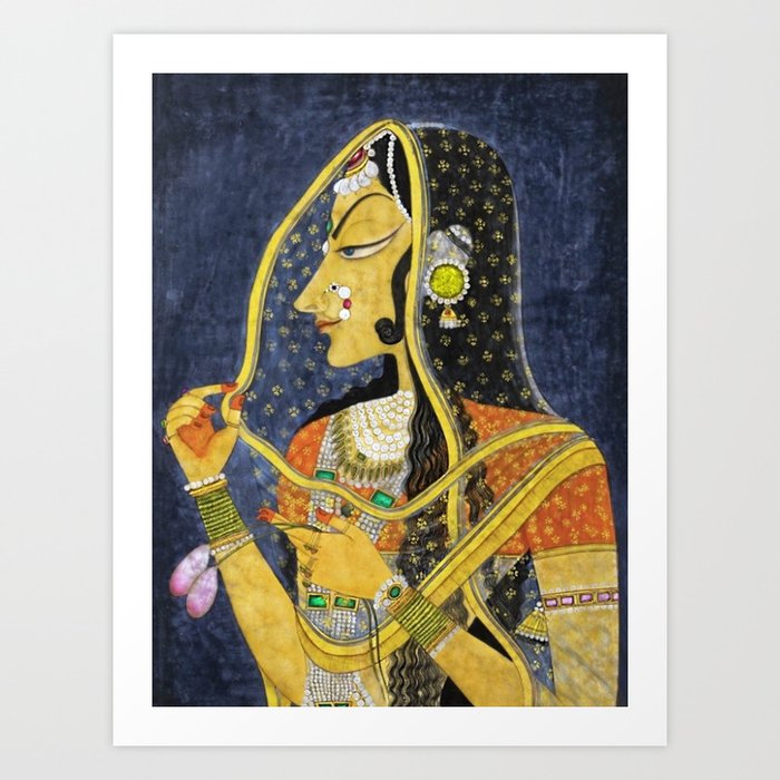 Bani Thani female portrait painting in traditional Rajasthani, the Mona Lisa of India by Nihal Chand Art Print