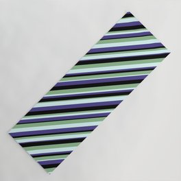 [ Thumbnail: Dark Sea Green, Light Cyan, Dark Slate Blue, and Black Colored Pattern of Stripes Yoga Mat ]