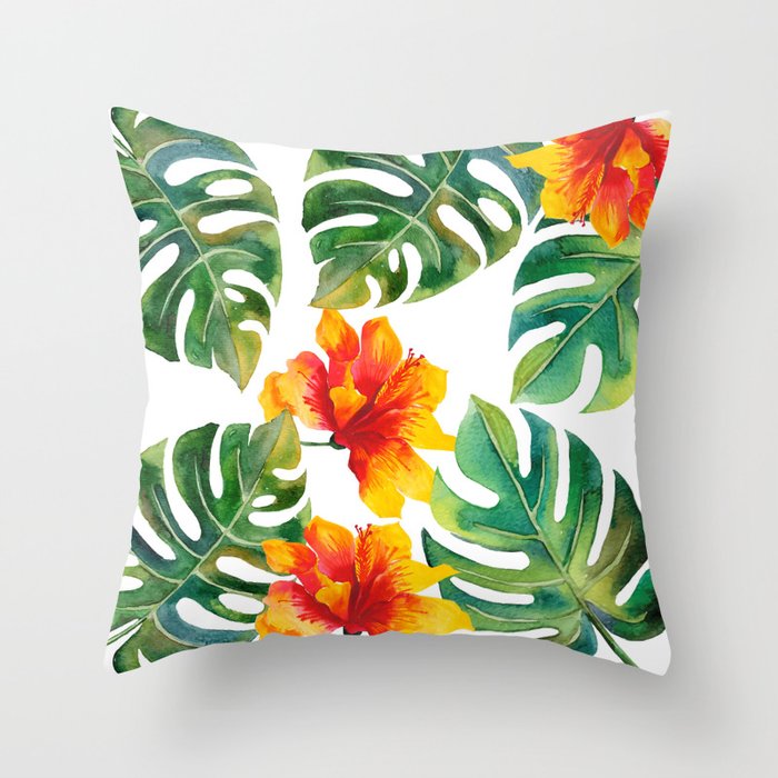 Monstera And Hibiscus Throw Pillow