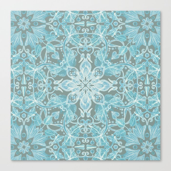 Soft Teal Blue & Grey hand drawn floral pattern Canvas Print