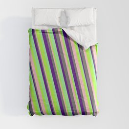 [ Thumbnail: Light Green, Pink, Dim Grey, Indigo & Green Colored Pattern of Stripes Comforter ]