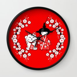 Japanese Doll - Kokeshi and Maneki Neko Cat Wall Clock