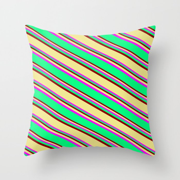 Fuchsia, Green, Dark Red & Tan Colored Lines Pattern Throw Pillow