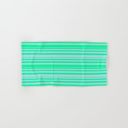 [ Thumbnail: Green & Light Blue Colored Striped Pattern Hand & Bath Towel ]