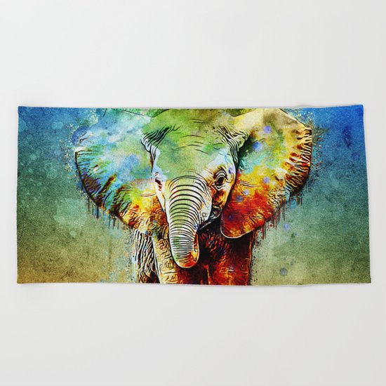 watercolor elephant Beach Towel