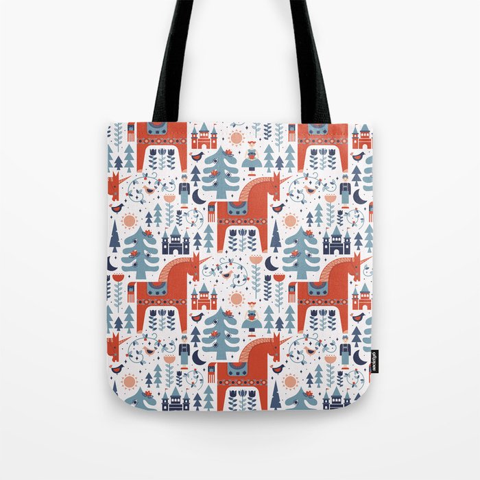Scandinavian Inspired Folkstory Red Blue Tote Bag by Lathe and