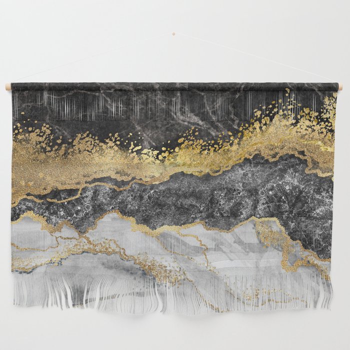 Gold + Black Marble Abstract Artwork, Classic Monochrome + Golden Design Wall Hanging
