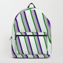 [ Thumbnail: Eye-catching Purple, Grey, Forest Green, Mint Cream, and Black Colored Lined/Striped Pattern Backpack ]