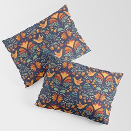 Flowers and birds - Folk Art - blue and orange Pillow Sham