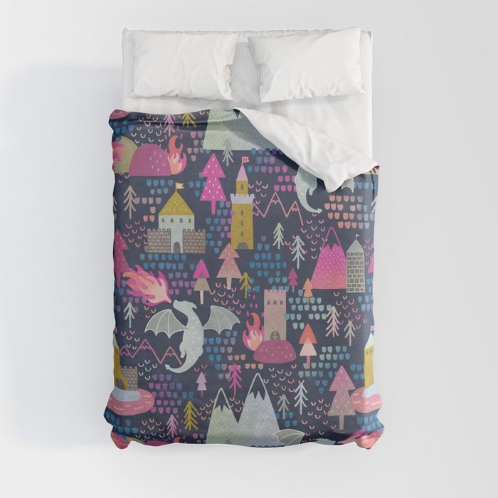 Watercolor Dragons and Castles Pattern Duvet Cover