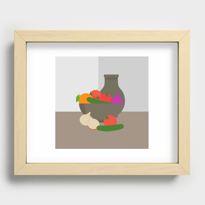 Orange, cucumbers, tomatoes, onion and two halves of the onion Recessed Framed Print