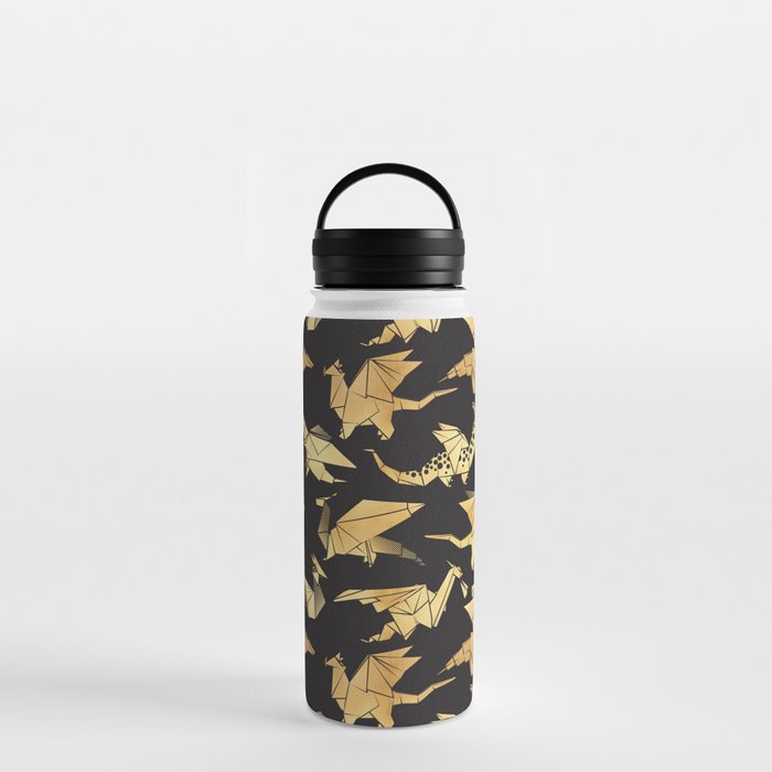 Origami metallic dragon friends // black background golden fantasy animals Water Bottle