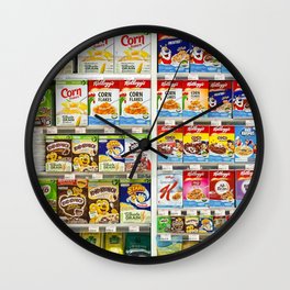 Cereal or cornflakes on shelf in supermarket. Wall Clock